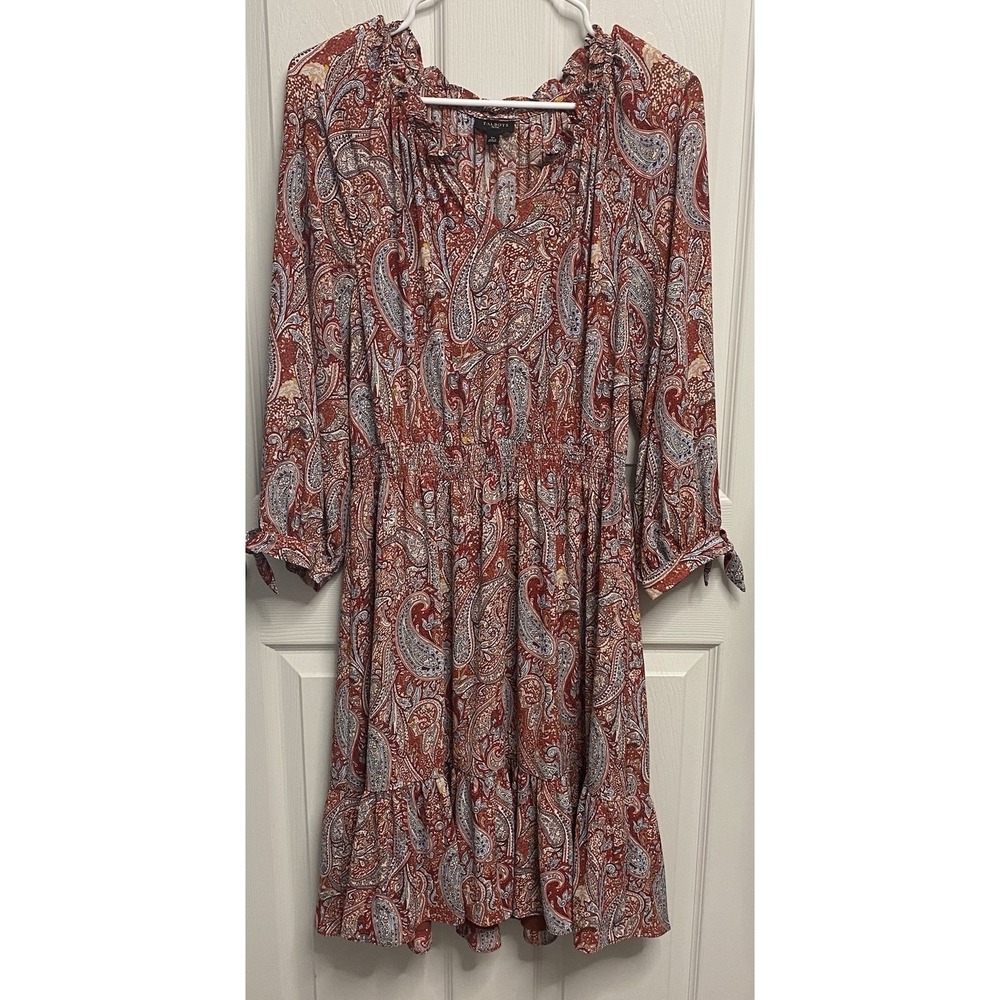Talbots Women Petite Red Paisley Peasant Elastic Waist Tiered Boho Dress LP